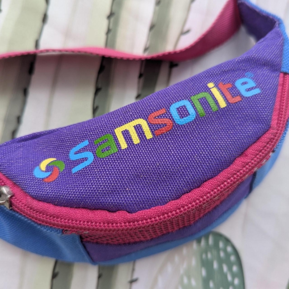 Vintage 80's Samsonite Neon Pink, Blue, & Purple Color Block Mini Fanny Pack - Picture 2 of 7